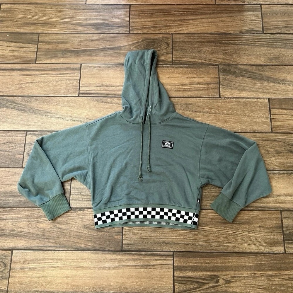 Vans Cropped Hoodie Womens Small Green Checkerboard Pullover Sweatshirt
